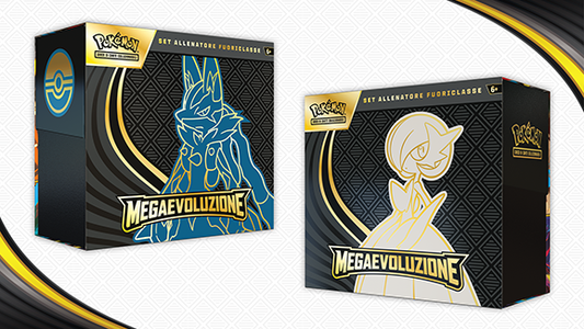 Vista angolata dei Set Allenatore Fuoriclasse Megaevoluzione Mega Lucario e Mega Gardevoir