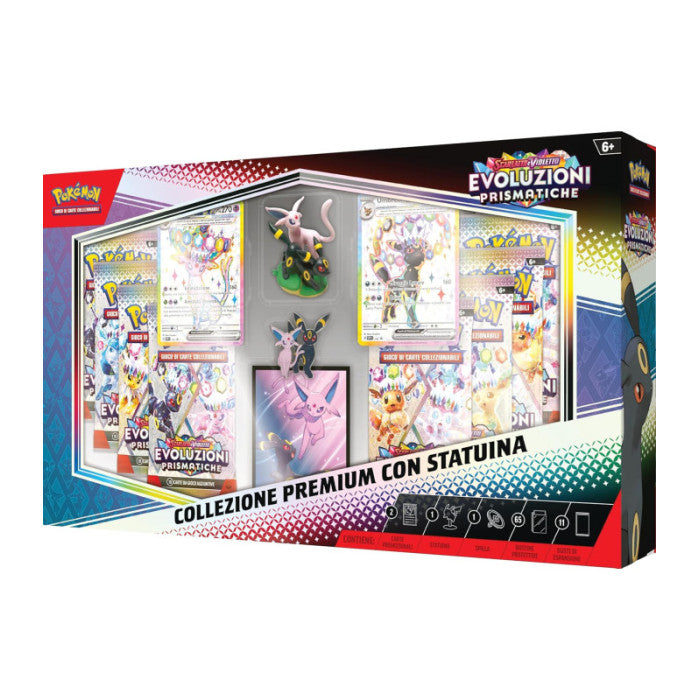 Pokémon SV Evoluzioni Prismatiche Collezione Premium con statuina vista angolata destra