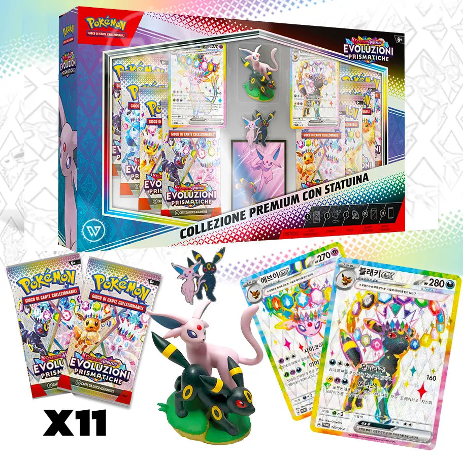 Pokémon SV Evoluzioni Prismatiche Collezione Premium con statuina dettaglio contenuto