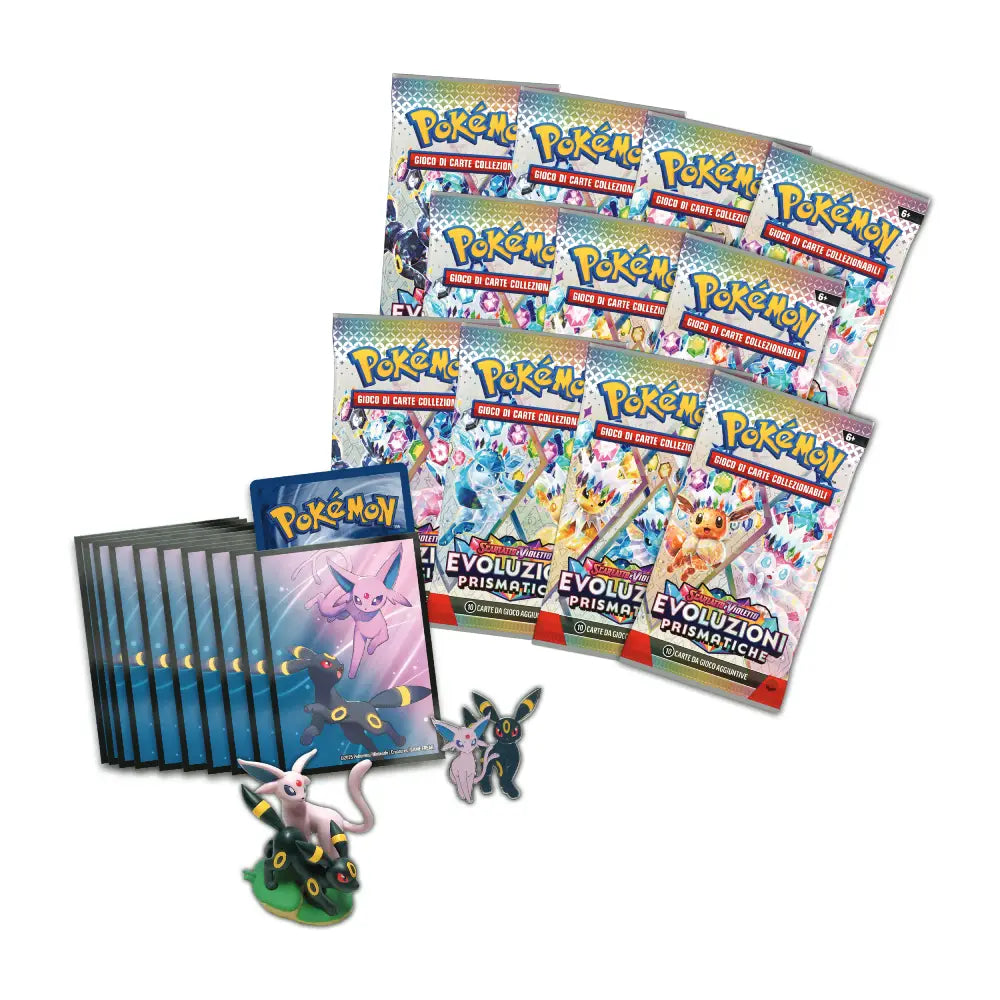 Pokémon SV Evoluzioni Prismatiche Collezione Premium con statuina dettaglio contenuto