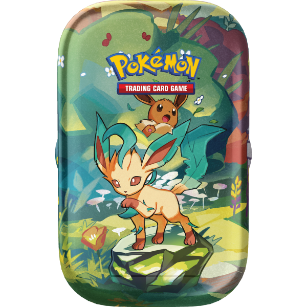 Mini tin Pokémon TCG Scarlatto & Violetto Evoluzioni Prismatiche – Leafeon vista frontale