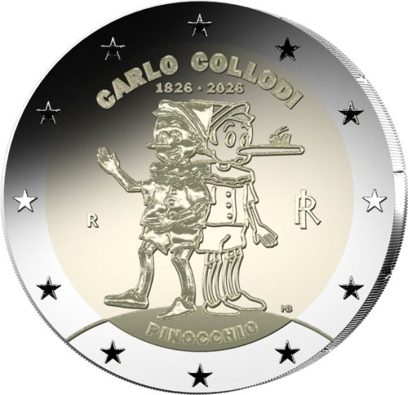 2 Euro Carlo Collodi 2026 reverse proof moneta commemorativa vista frontale