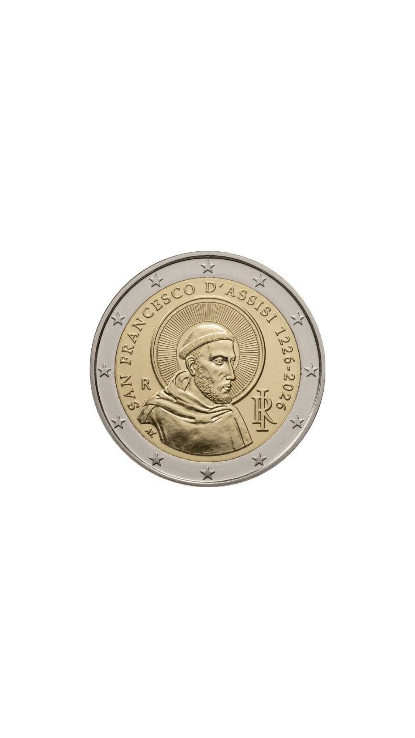 2 Euro San Francesco d’Assisi 2026 moneta commemorativa Italia vista frontale Reverse proof