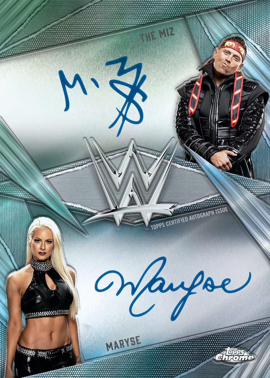 Close-up of Topps Chrome WWE 2026 Maryse & The Miz cards
