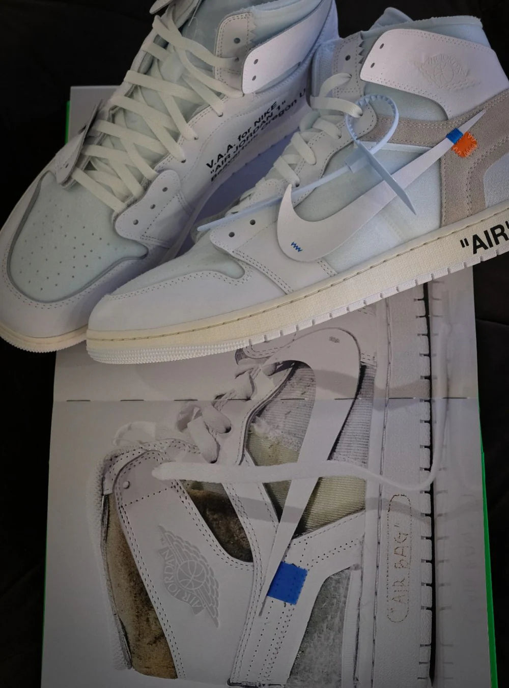 Dettaglio materiali e bozzetto creazione Off-White sulla Air Jordan
