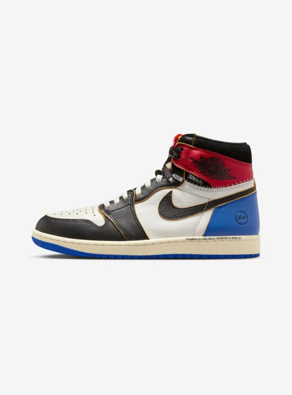 Air Jordan 1 Retro High OG SP Fragment x Union LA Varsity Red Sport Royal vista laterale sinistra

