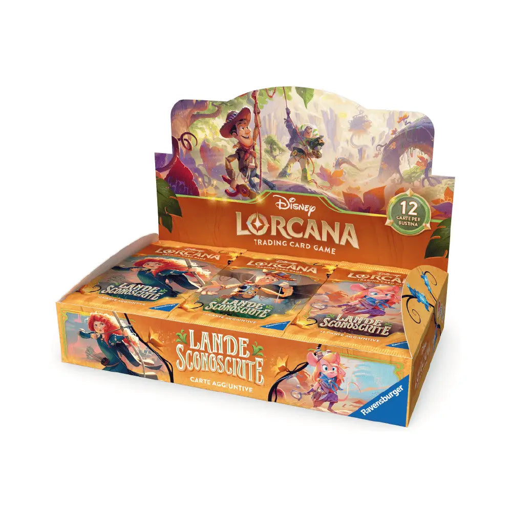 Disney Lorcana Lande Sconosciute Booster Box italiano vista angolata