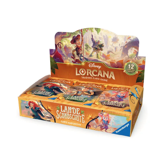 Disney Lorcana Lande Sconosciute Booster Box italiano vista angolata