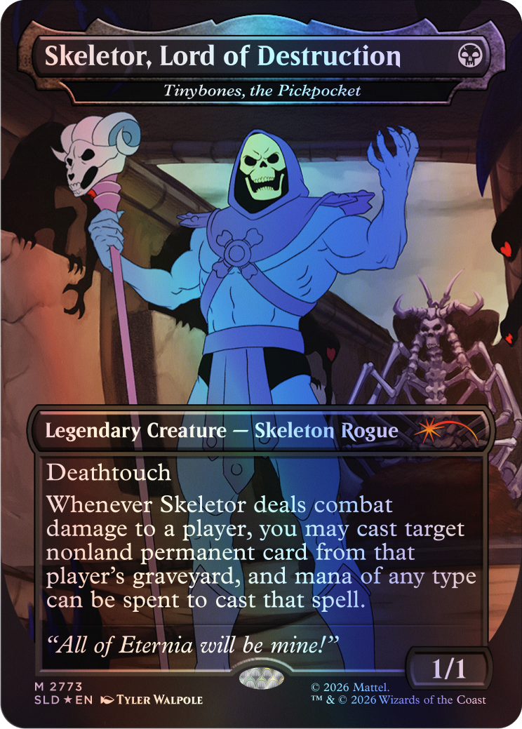 Close-up of MTG Secret Lair Masters of the Universe Nyah-Ha-Ha foil card skeleton lord of destruction