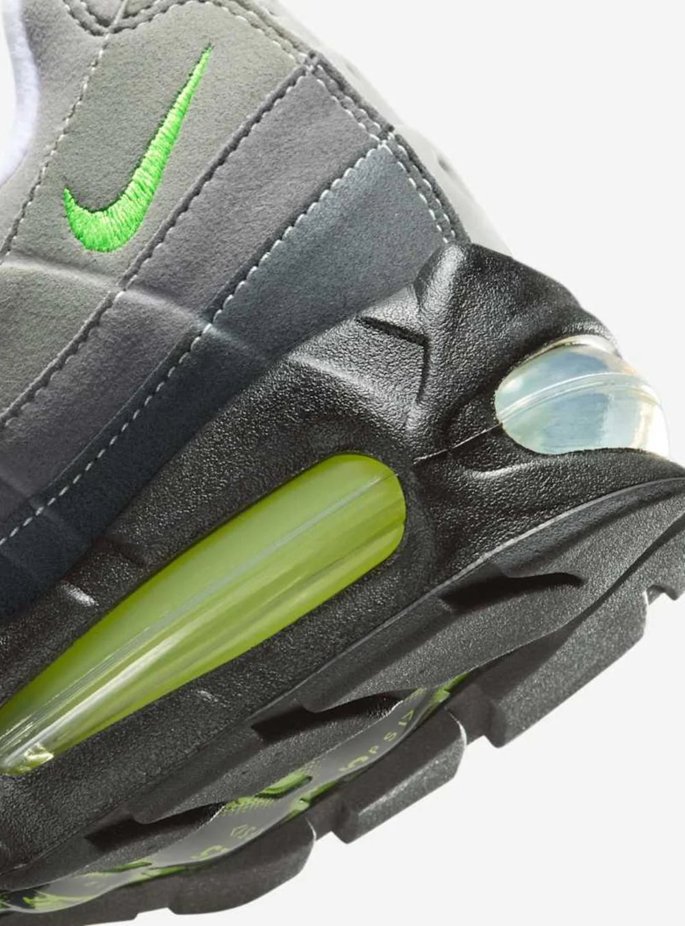 Dettaglio materiali e pannelli iconici della Nike Air Max 95 OG Big Bubble Neon
