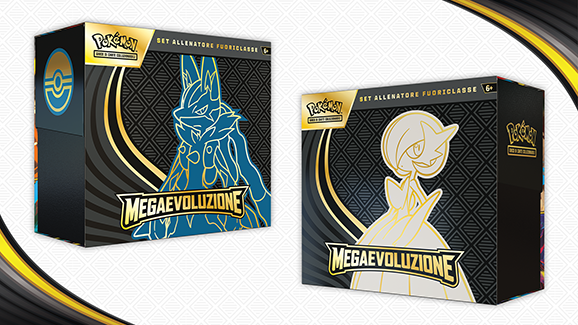Vista angolata dei Set Allenatore Fuoriclasse Megaevoluzione Mega Lucario e Mega Gardevoir