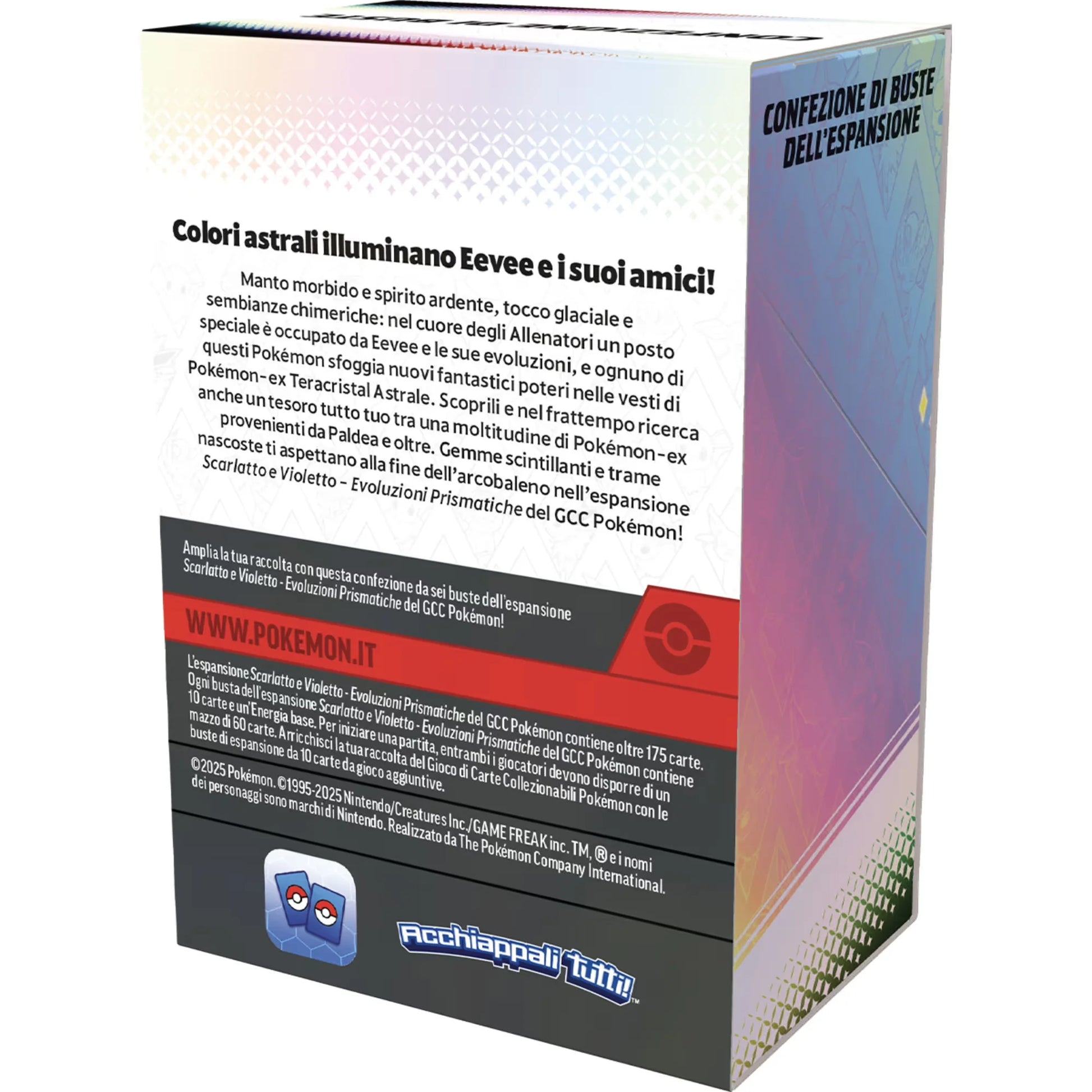 Bundle Pokémon Scarlatto & Violetto Evoluzioni Prismatiche 6 bustine vista posteriore con descrizione