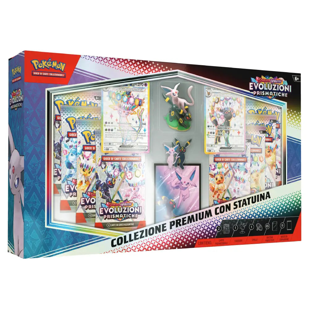 Pokémon SV Evoluzioni Prismatiche Collezione Premium con statuina vista angolata sinistra