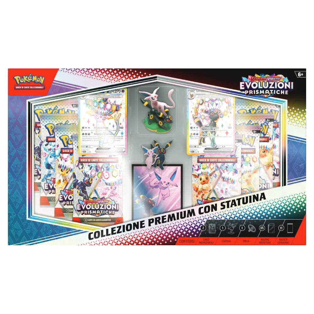 Collezione Premium Pokémon Scarlatto & Violetto Evoluzioni Prismatiche con statuina vista frontale