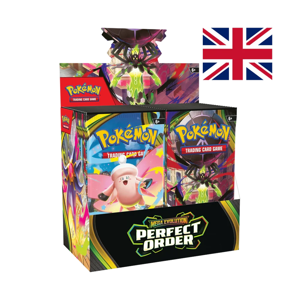 Pokémon TCG Mega Evolution Perfect Order booster box angled view
