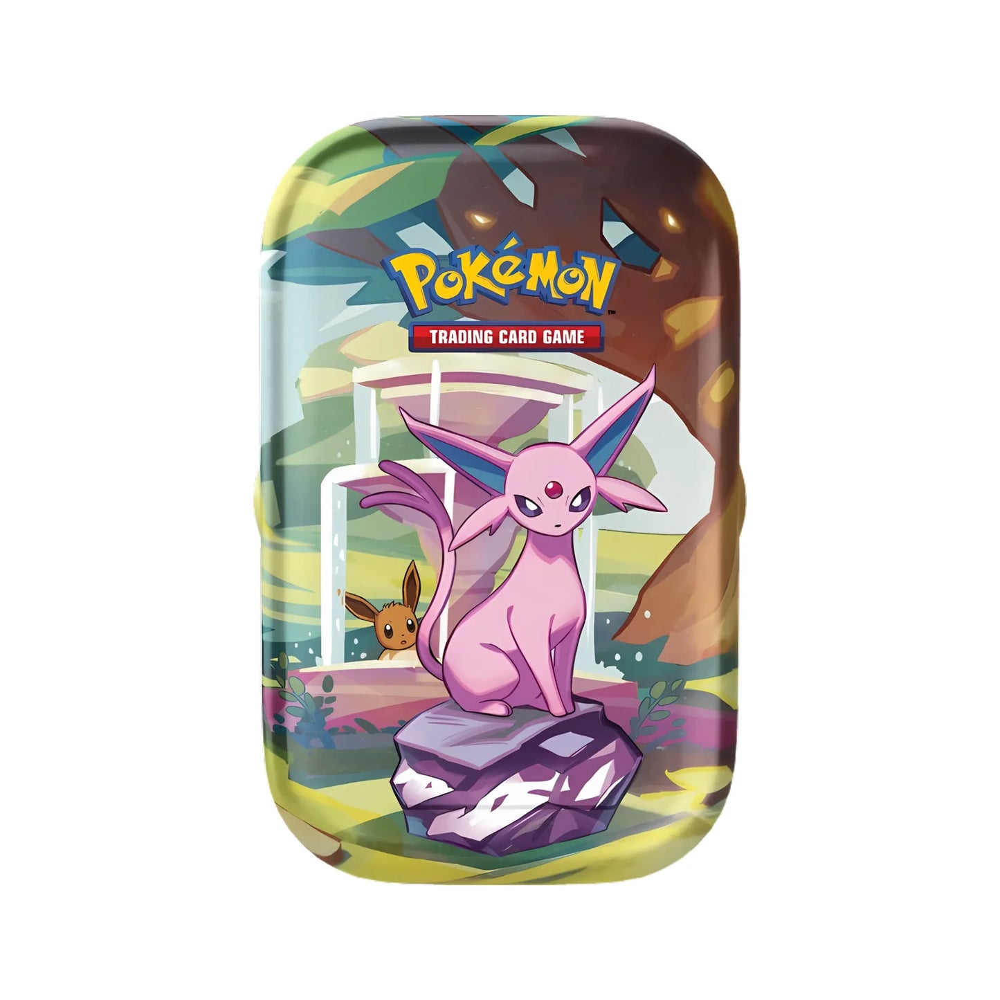 Mini tin Pokémon TCG Scarlatto & Violetto Evoluzioni Prismatiche – Espeon vista frontale