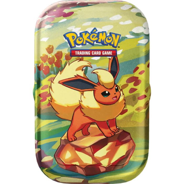 Mini tin Pokémon TCG Scarlatto & Violetto Evoluzioni Prismatiche – Flareon, vista frontale