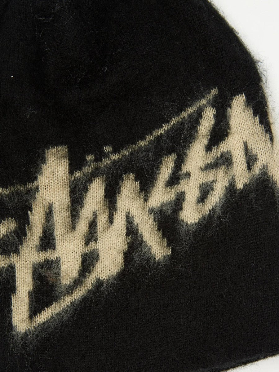 Stüssy Brushed Out Stock Skullcap Beanie Black logo vista frontale