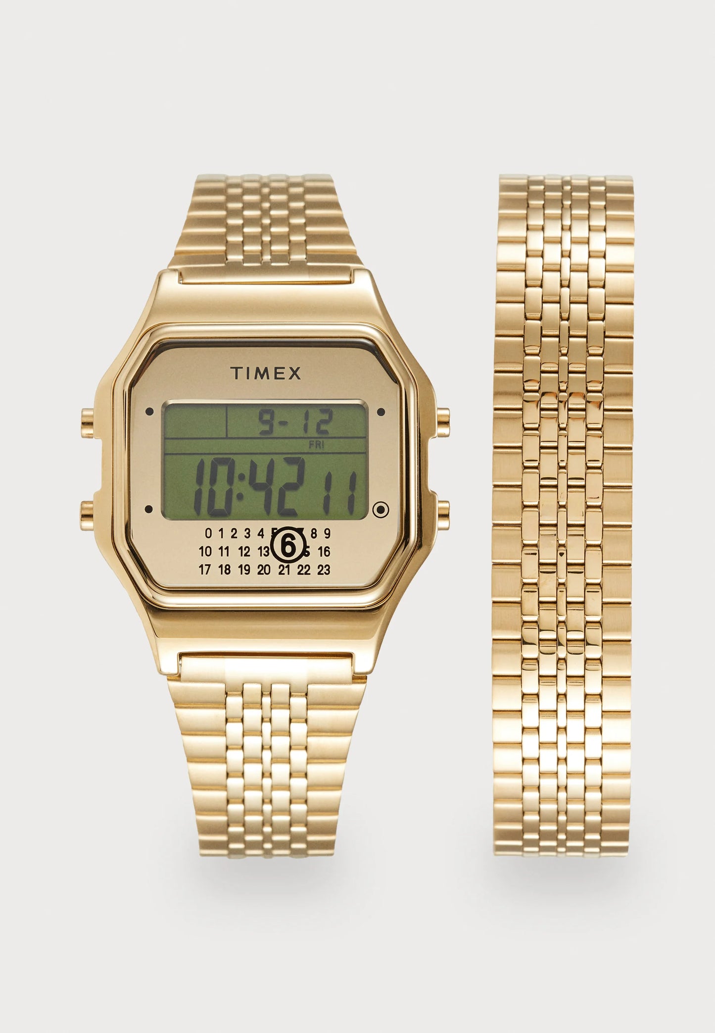Timex × MM6 T80 Gift Set Gold vista frontale orologio + bracciale extra
