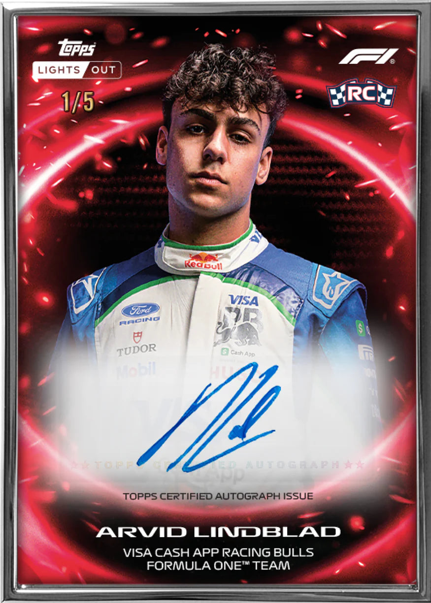 Close-up of Topps Formula 1 Lights Out 2026 Arvin Lindblad card