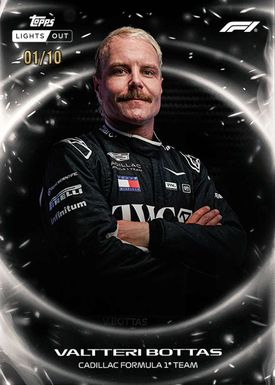 Close-up of Topps Formula 1 Lights Out 2026 Valtteri Bottas card